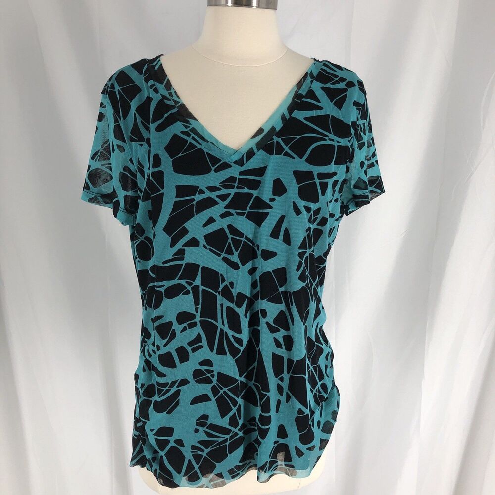 Dana Buchman Top XL  Black Teal Print Stretch Knit Mesh Popover Shirt Blouse